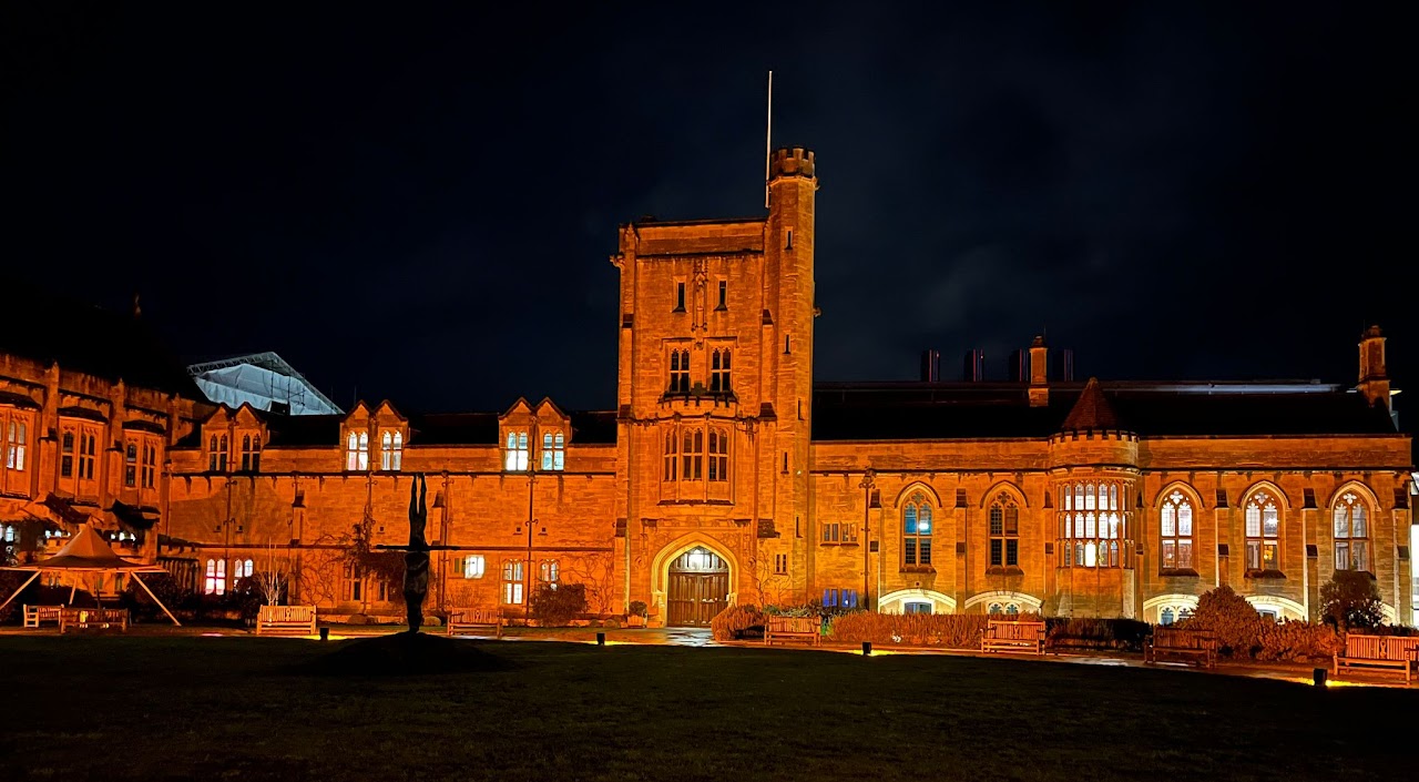 The Mansfield
College building at night, Oxford, UK.